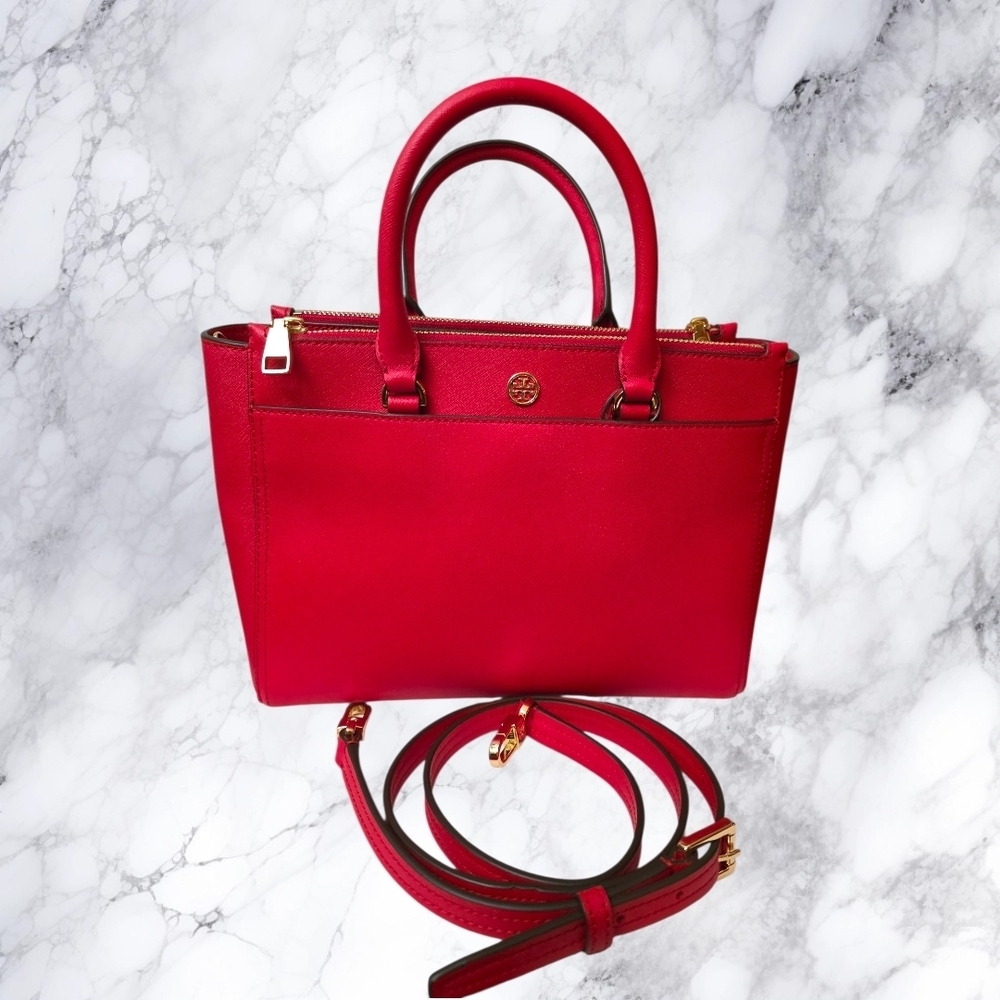 Tory Burch Robinson Small Double Zip Tote 45U432 Red Saffiano Leather Satchel